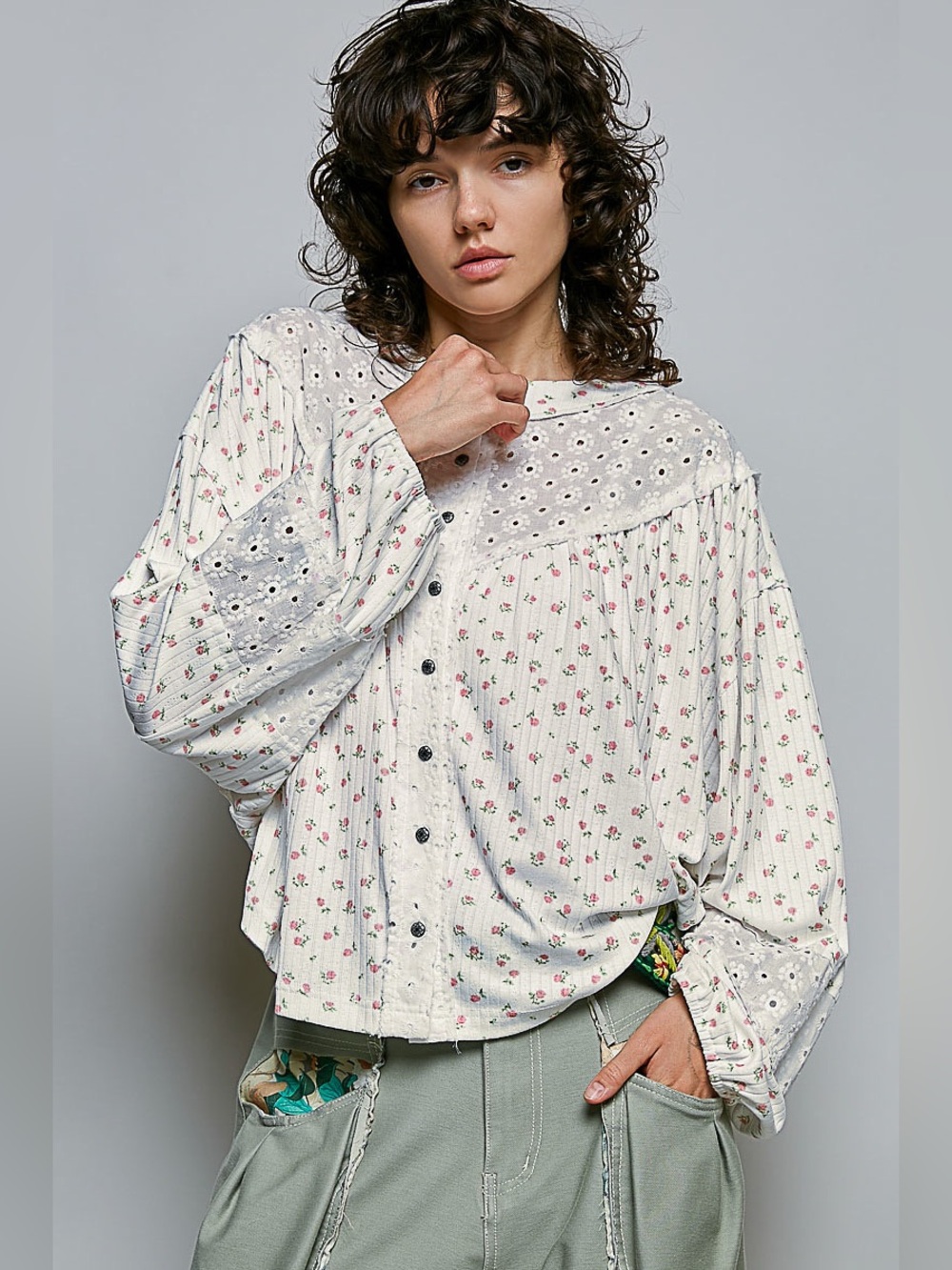 POL Cream Floral Eyelet Yoke Button-Front Blouse
